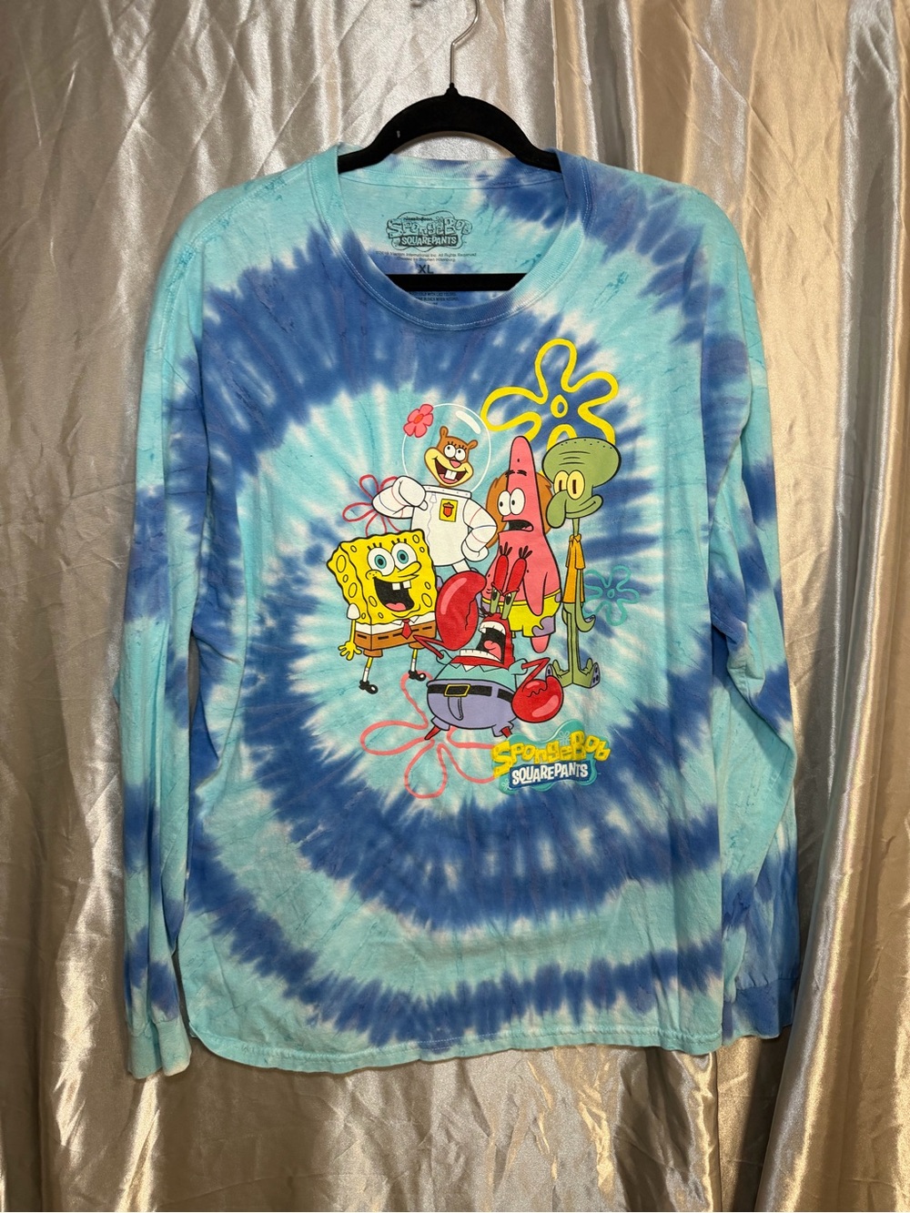SpongeBob Blue Tie Dye Long Sleeve Graphic T-Shirt Nickelodeon Adult Size XL